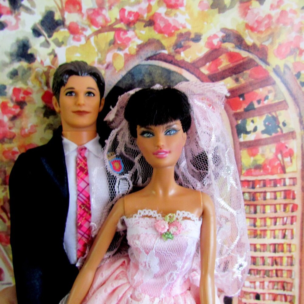 BARBIE MODEL MUSE + KEN, HANDSOME, ARTICULATED GROOM, PINK BRIDAL GOWN, 2 DOLLS